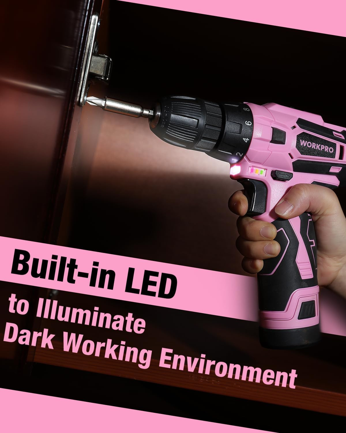 Pink Cordless Drill Driver Set, 12V Electric Screwdriver Driver Tool Kit, 3/8&Prime; K