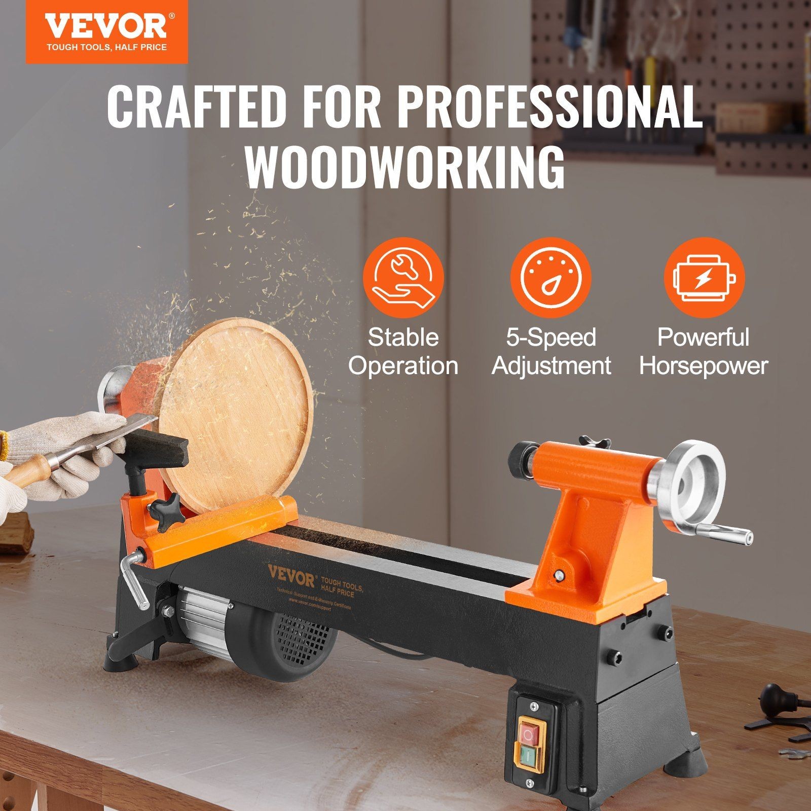 Benchtop Wood Lathe — 18&Prime; Workbench, 370W, Steel Headstock