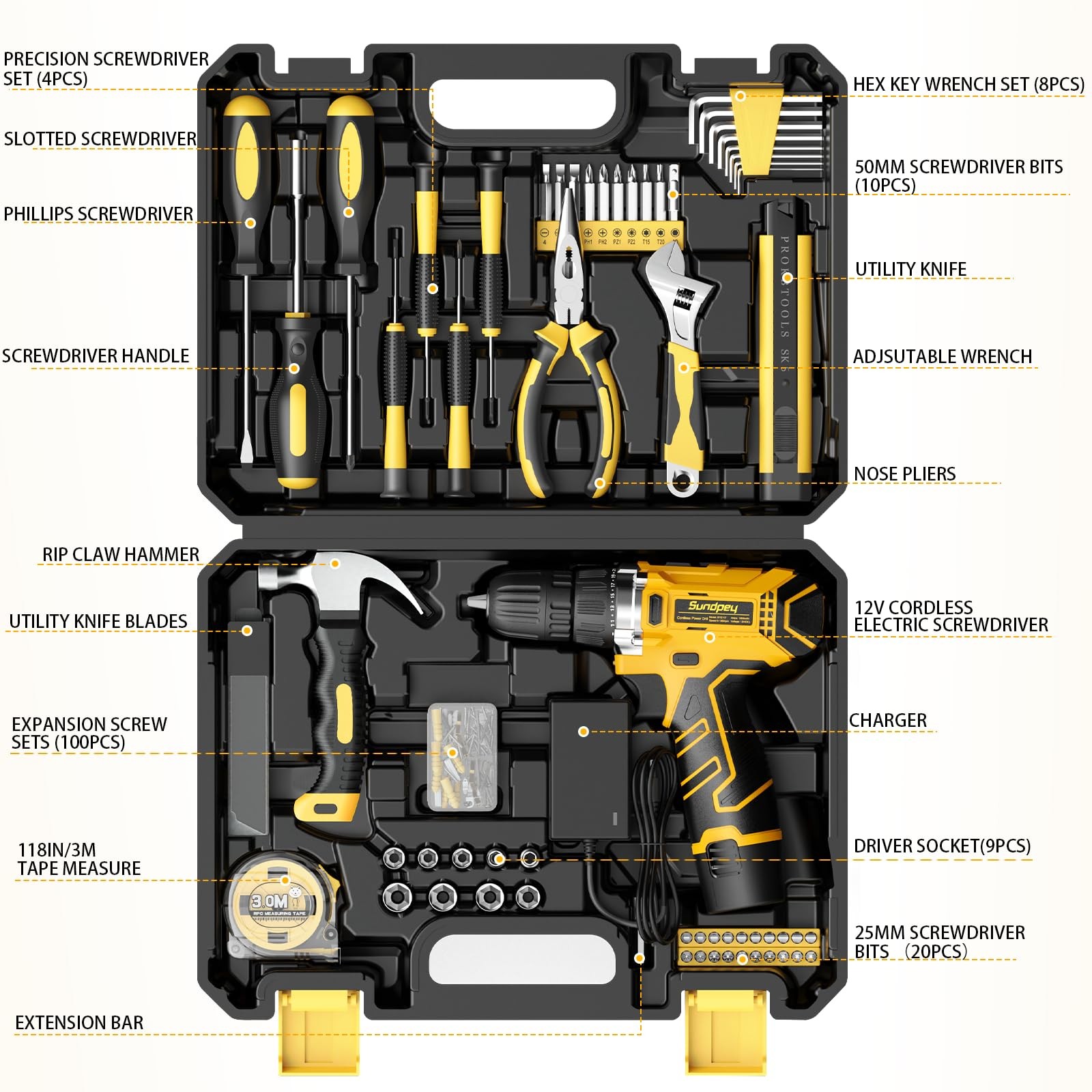 Sundpey 166-PC Small Basic Home Tool Kit Set with 12V standard, Yellow