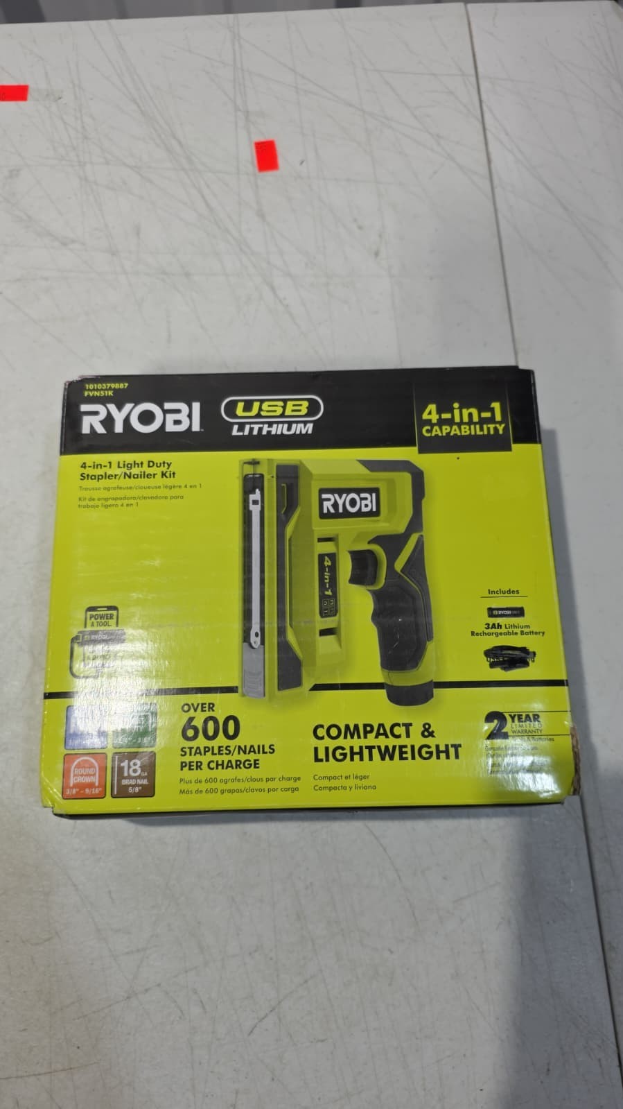 RYOBI USB Lithium Cordless Craft 4-in-1 Stapler/Nailer With 3Ah Battery FVN51K