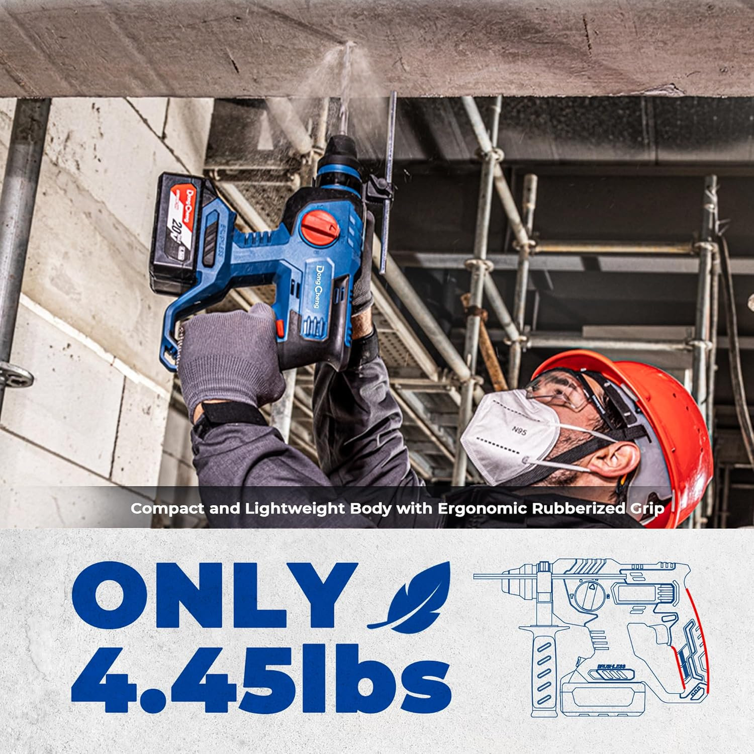 Dongcheng 20V Max Brushless Rotary Hammer Drill, 7/8&Prime; Sds-Plus, 2.1 J Impact, 4