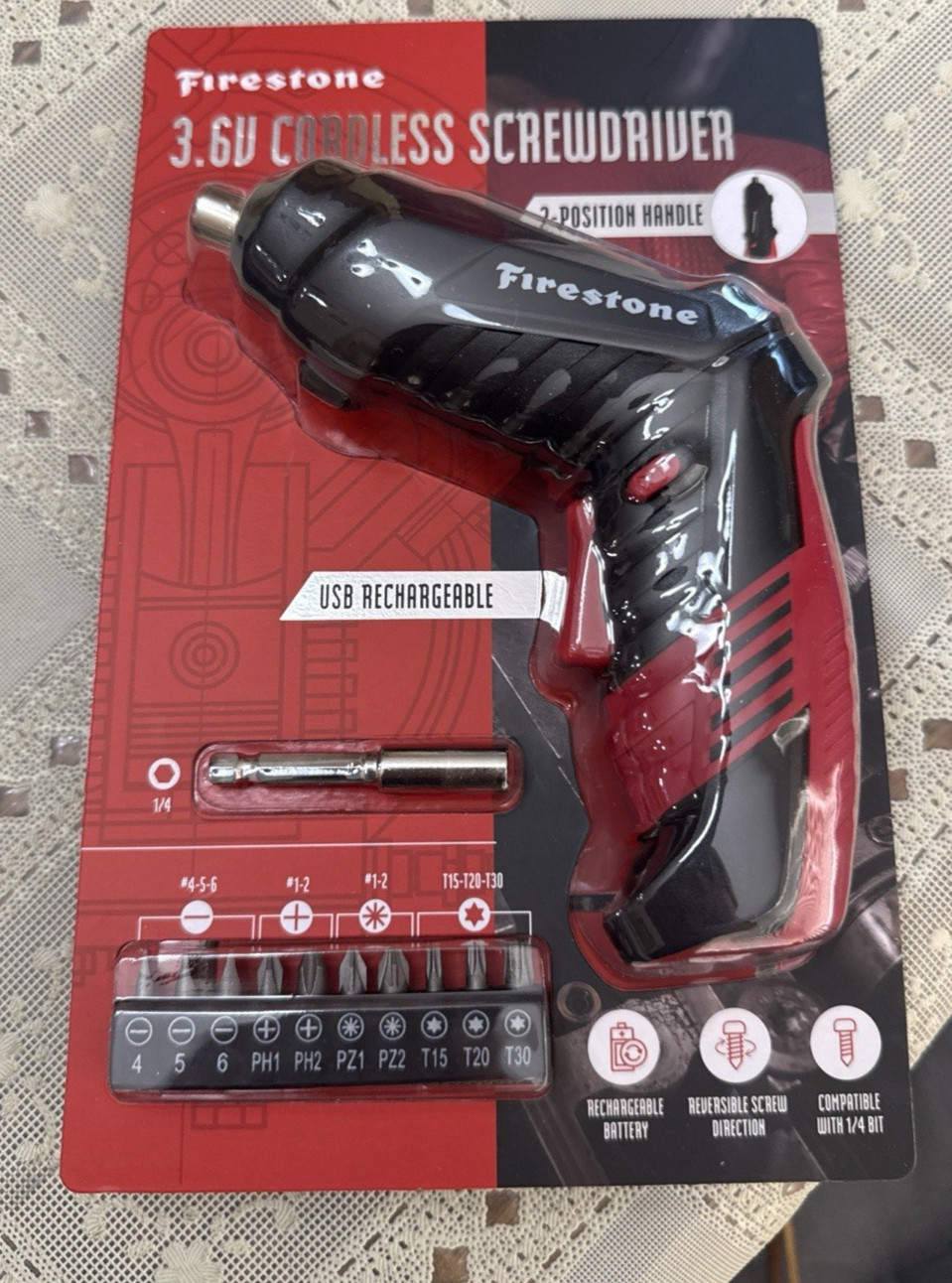 Firestone 3.6V Cordless Screwdriver, 2 Position Handle, USB Rechargeable