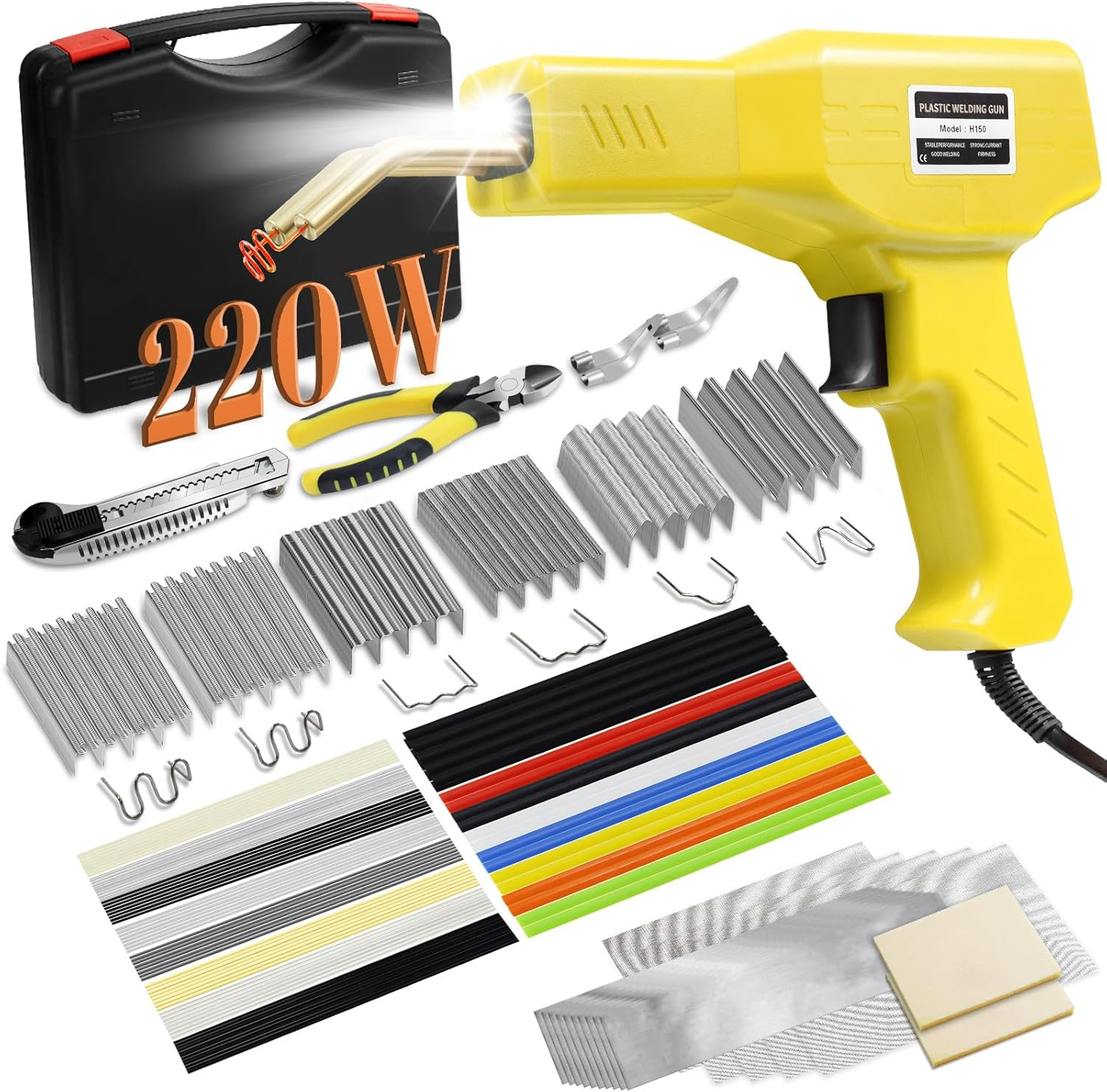 220 w Plastic Welder Kit 1000 Staples 92 Rods Hot Stapler Gun Repair Tool Case