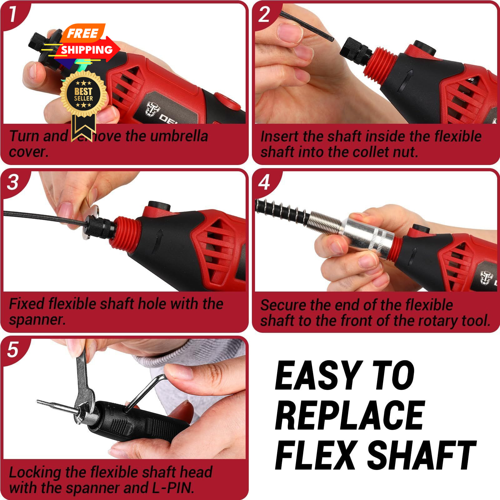 DEKOPRO Rotary Tool Kit, 1.5-Amp Corded Power Tools with 42&Prime; Flex Red