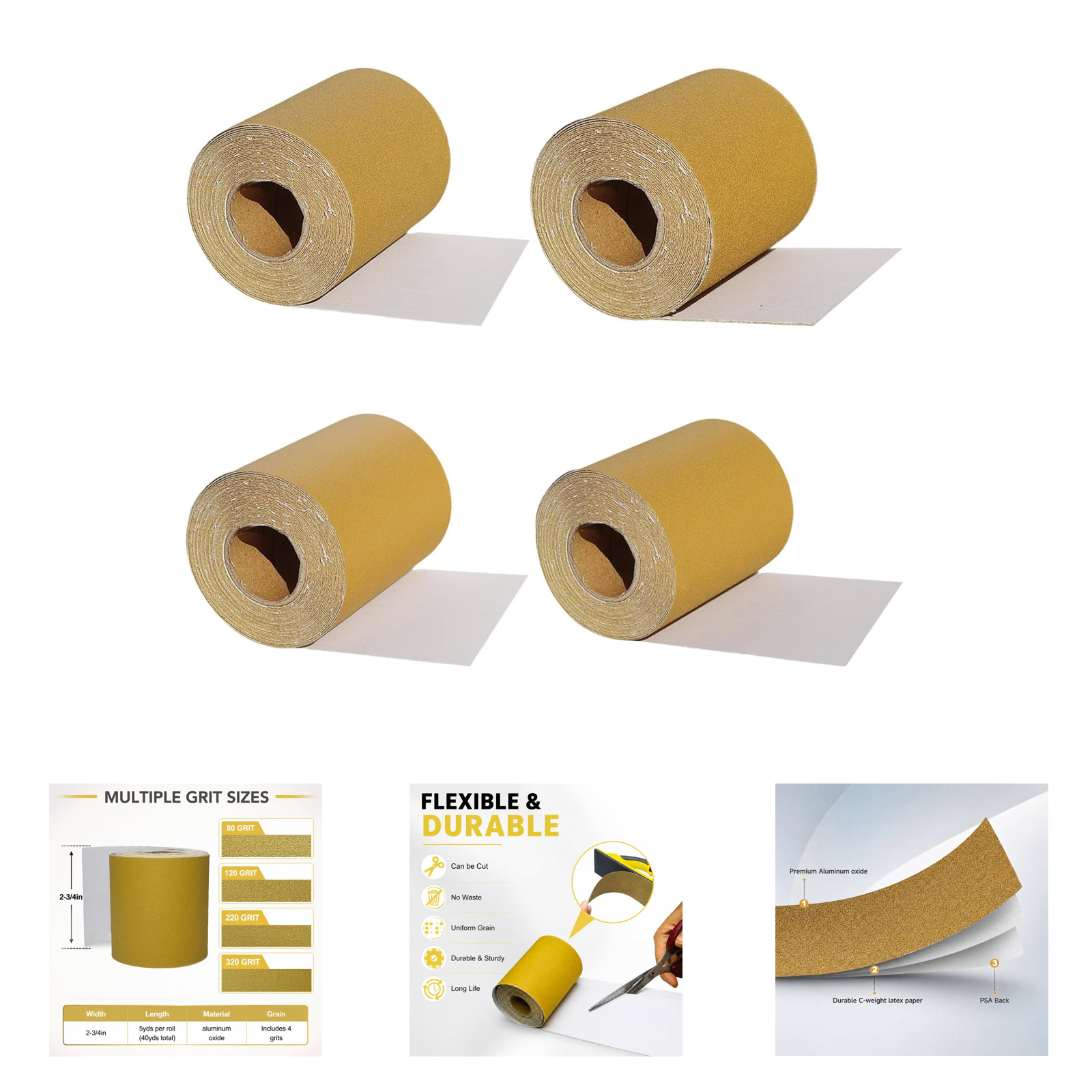 Total 20 Yards Sanding Paper Roll Kit 2-3/4 Inches Wide PSA Grit 80 120 220 320