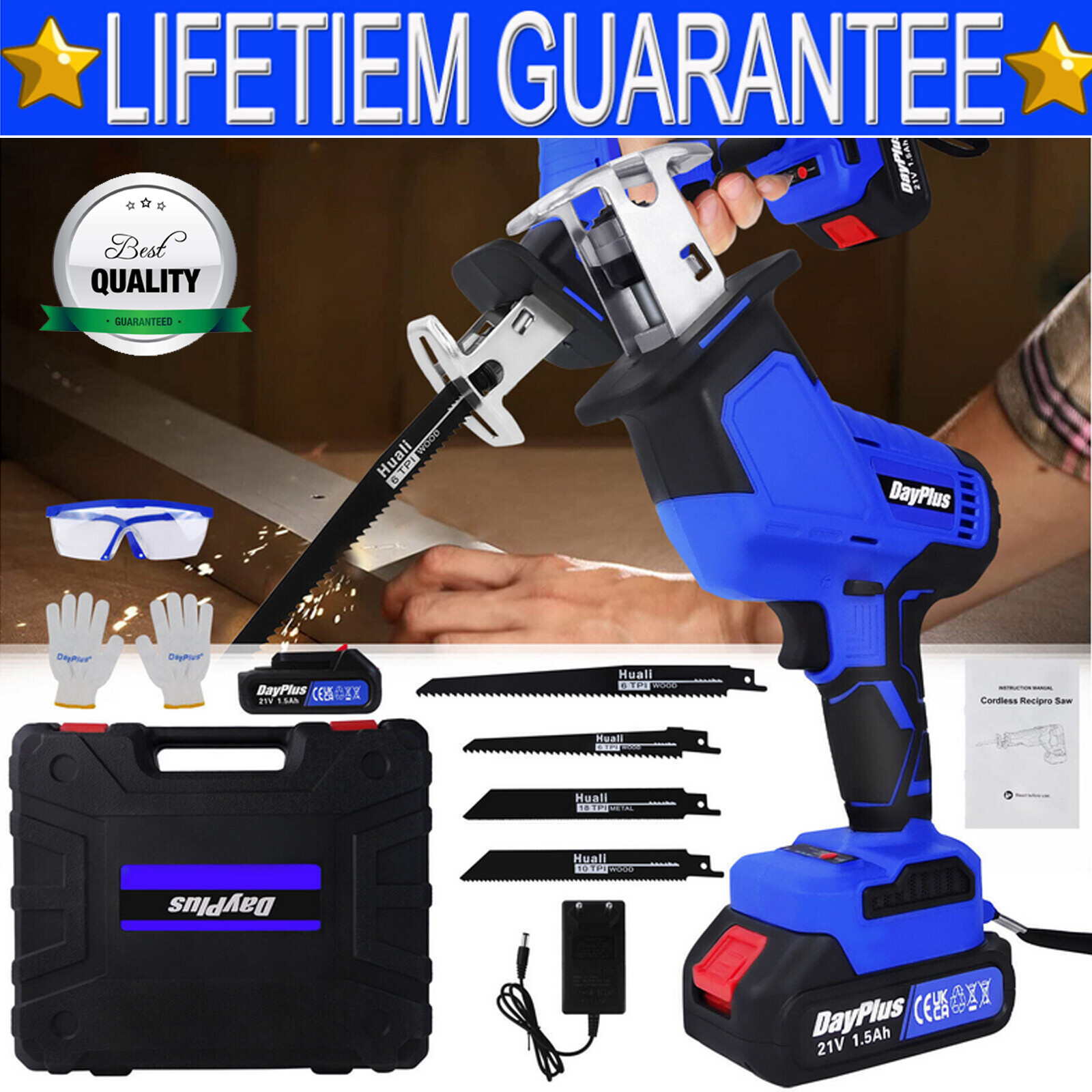 Cordless Reciprocating Saw 1900RPM Variable Speed Electric Brushless Saw 4 Blade