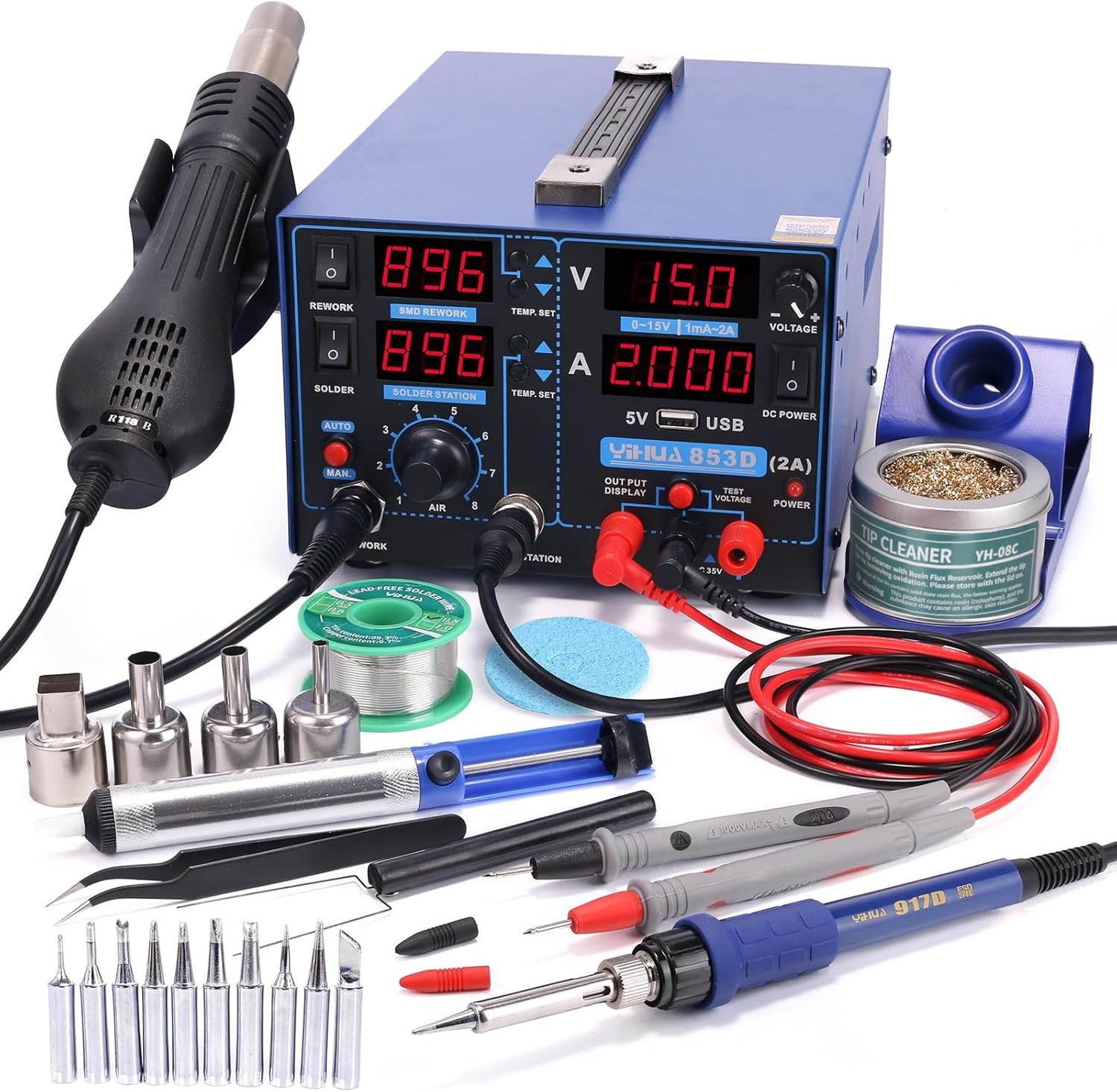 YIHUA 853D 2A USB SMD Hot Air Rework Soldering Iron Station, DC