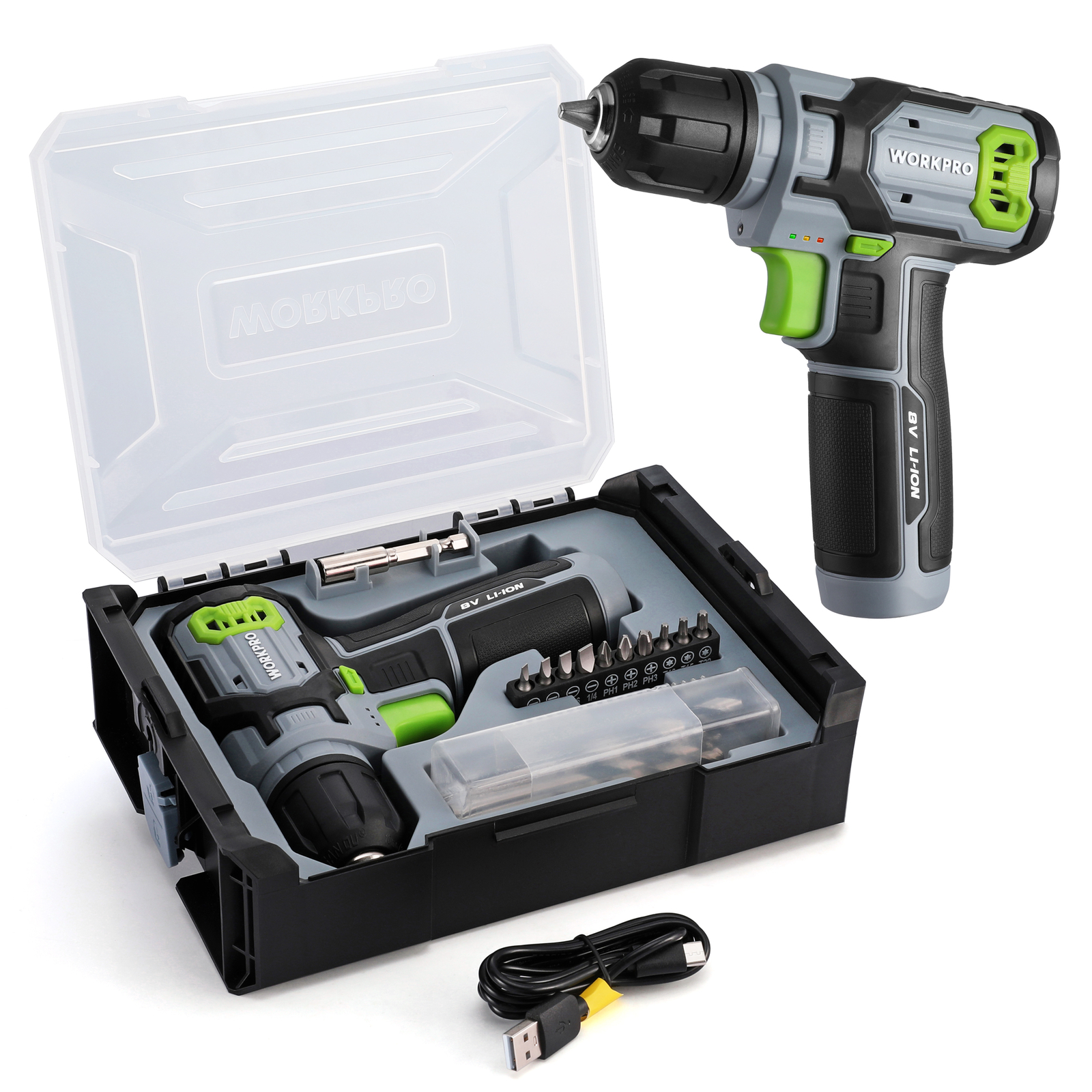 WORKPRO Power Drill Set&Stackable Tool Box 8V Cordless w/3/8&Prime; Keyless Chuck