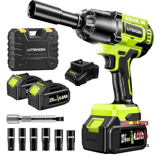Cordless Impact Wrench 1/2 Inch, 480Ft-lbs (650N.m) Brushless Green+2 Battery