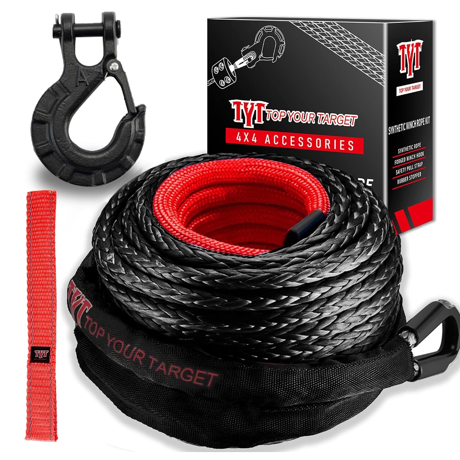 3/8&Prime; x 92&prime; Synthetic Winch Rope Kit 27000 lbs Strength Black Winch Rope