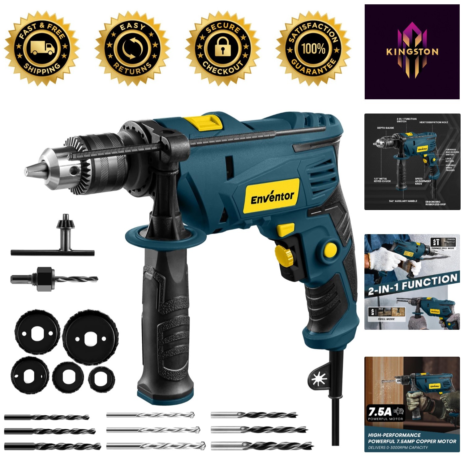 7.5 Amp Electric Hammer Drill with 2-in-1 Function, 900W, 360° Handle & 9 Bits