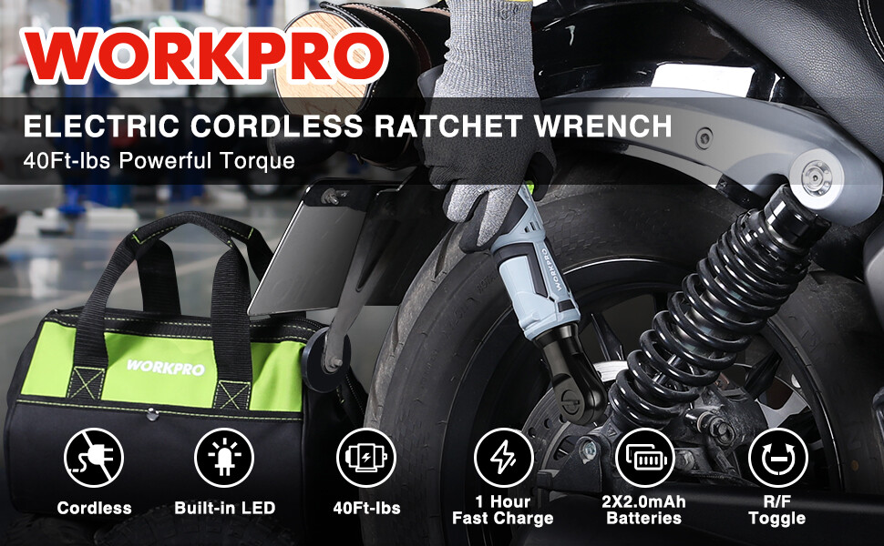 WORKPRO Cordless Electric Ratchet Wrench 3/8&Prime; 12V 40 Ft-lbs Ratchet Wrench Kits