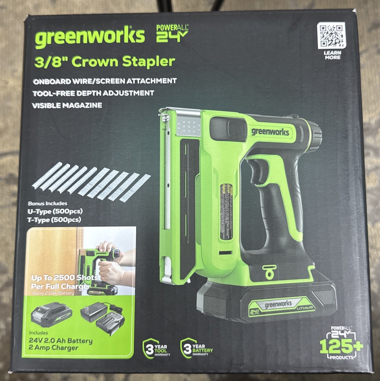 Greenworks POWERALL 24V Cordless 3/8 » Crown T50 Stapler with 2Ah Battery and