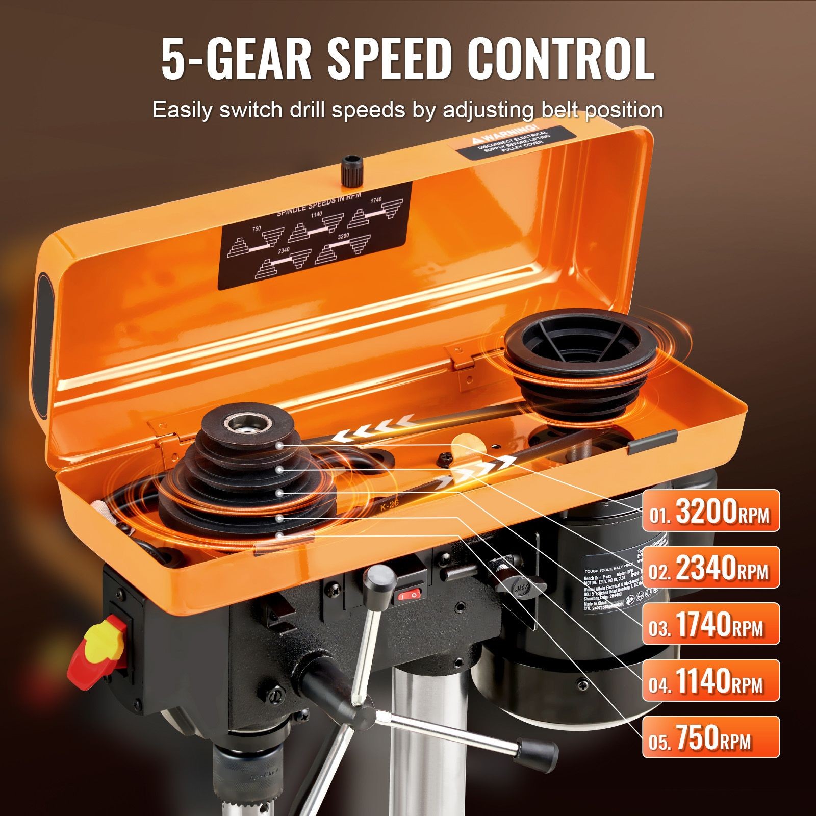 8in Benchtop Drill Press, 2.5A Motor, 5-Speed (620–3100 RPM), 45° Tilting Table