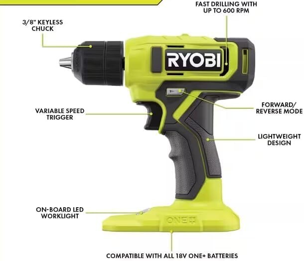 Ryobi PCL201K1 ONE+ 18V 3/8 in. Drill/Driver Kit with 1.5 Ah Battery and Charger