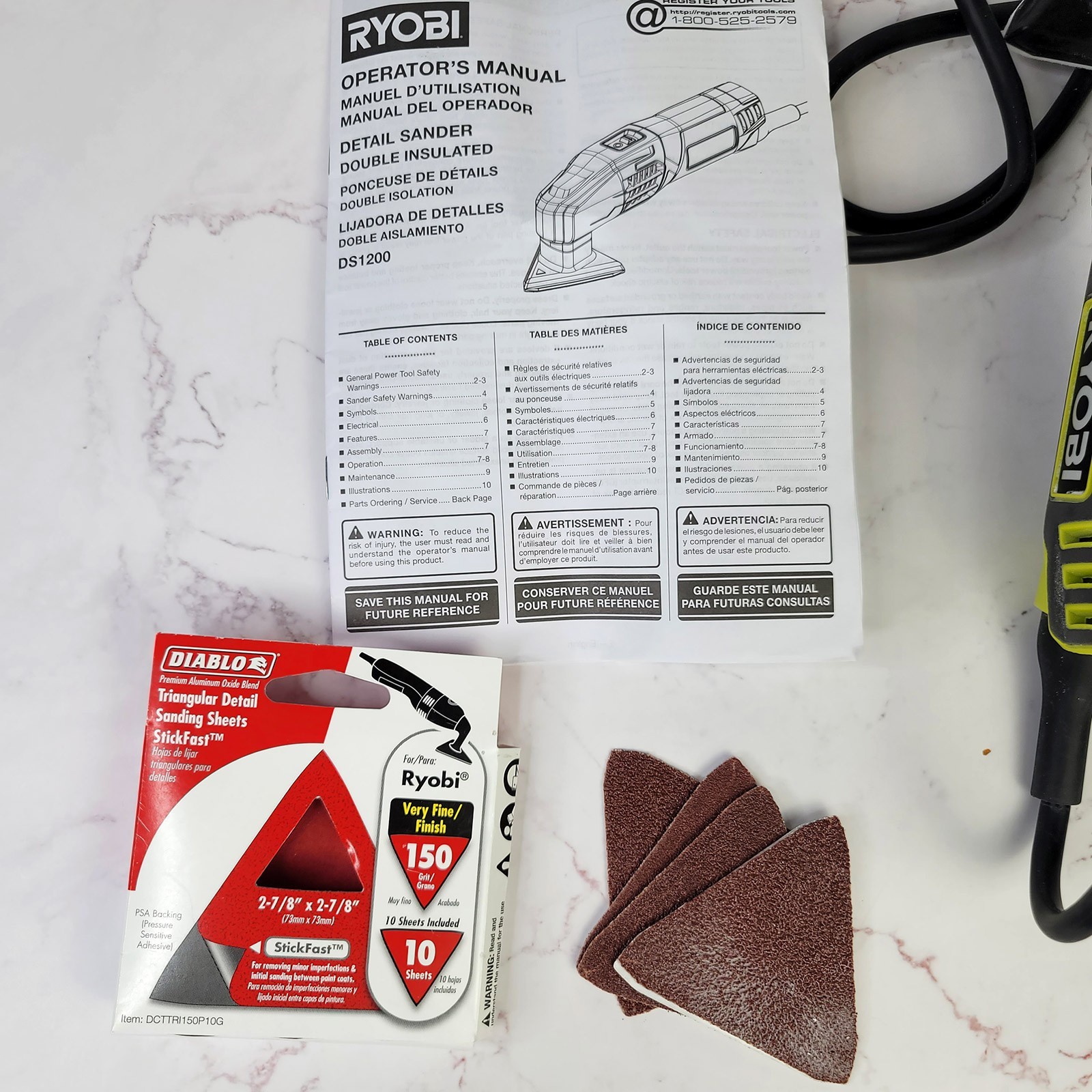 Ryobi Detail Sander 0.4 Amp Corded DS1200 Hand Triangle Corner Edge Diablo