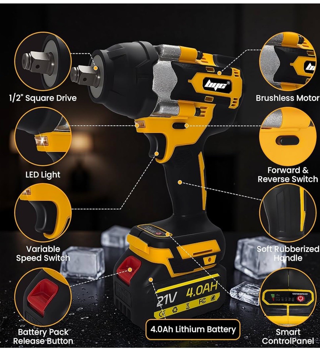 Cordless 1/2 Inch Impact Wrench,1000 N.m(740 Ft-lbs) Brushless High Torque El…