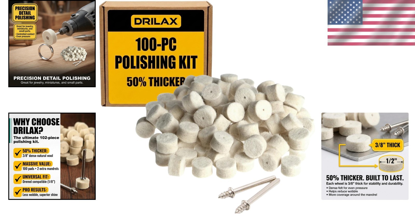 Superior 100 Pc Felt Buffing Wheel Set – Thick Mandrels for Professional Finish
