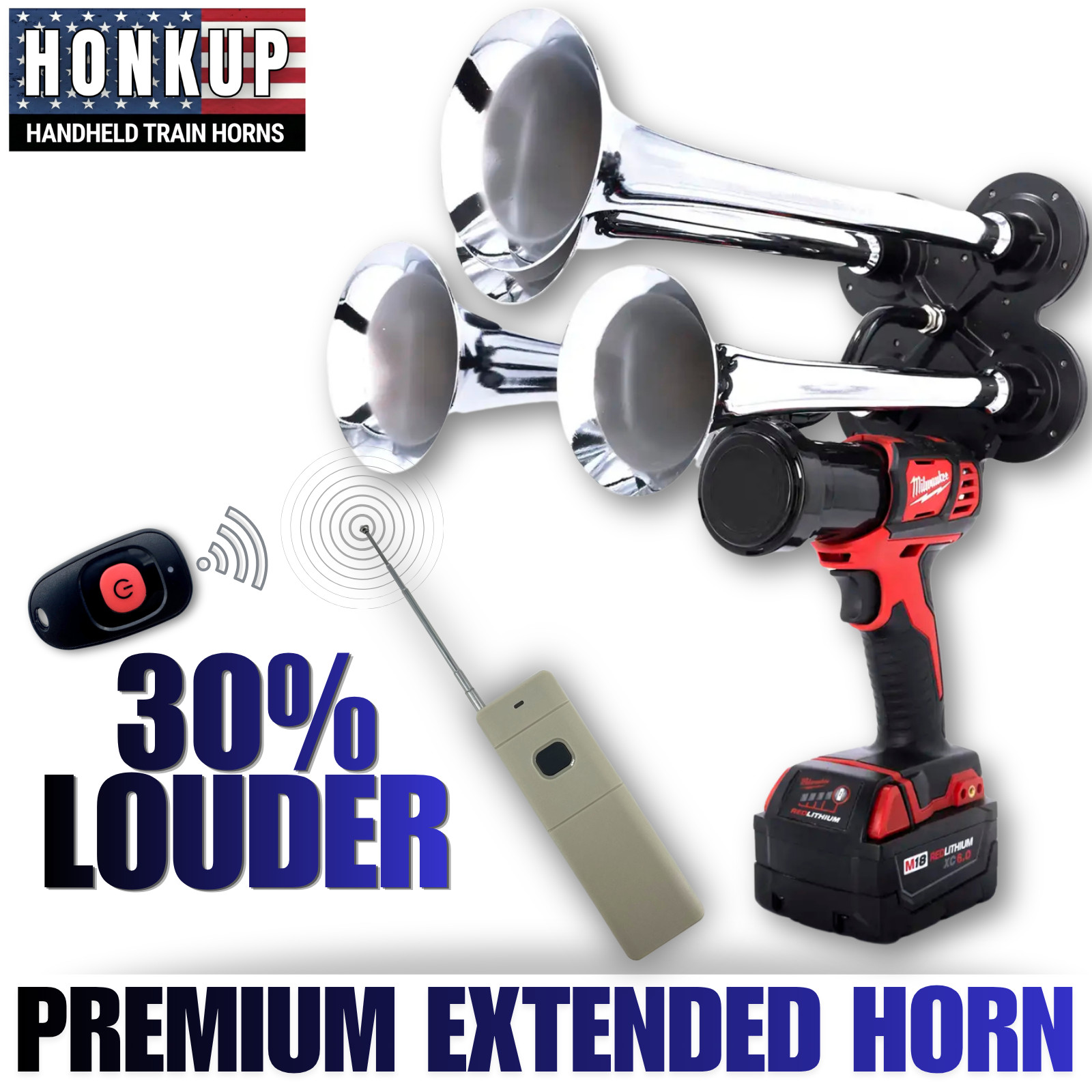 Premium Milwaukee Train Air Horn Quad Chrome Extended Trumpets Long Range Remote
