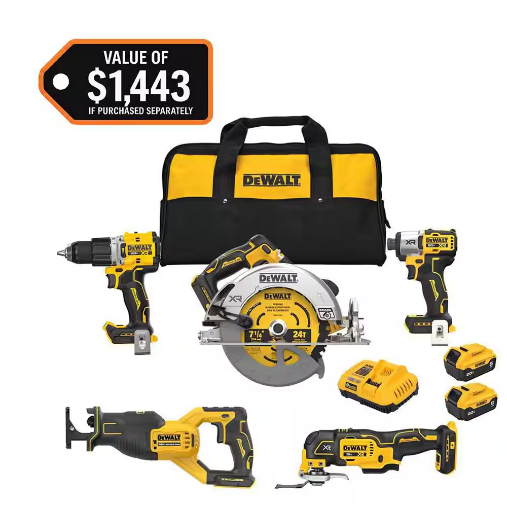 20V Lithium-Ion Cordless 5-Tool Combo Kit with (2) 5.0 Ah Battery Packs and Char