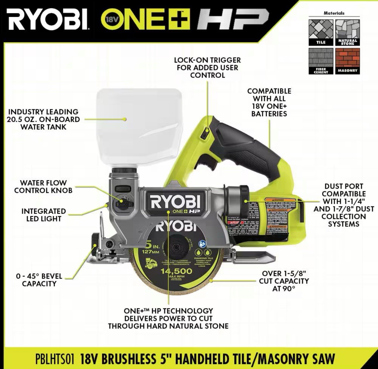 Ryobi 18V Brushless 5&Prime; Handheld Tile/Masonry Saw PBLHTS01B (Tool Only) – New!