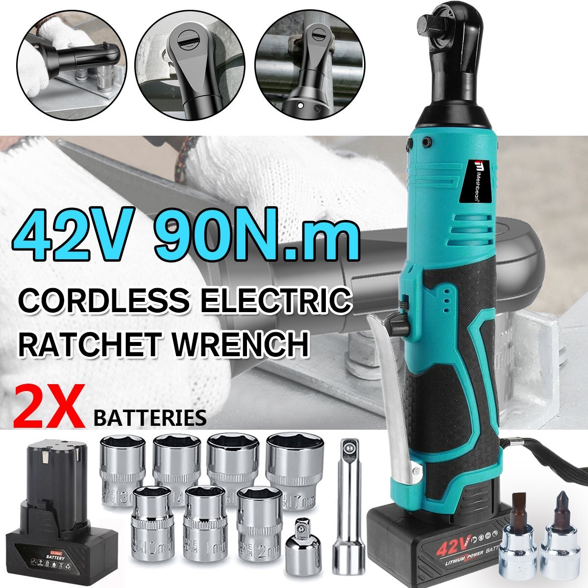 42V Electric Cordless Ratchet 3/8&Prime;Right Angle Wrench Impact Power Tool 2 Battery