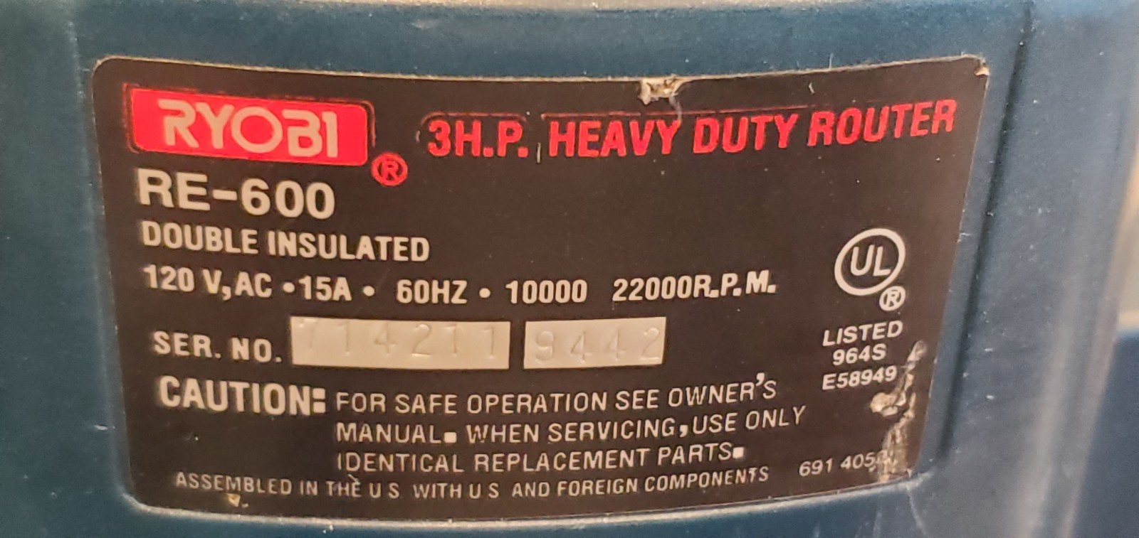 Ryobi RE-600 1/2&Prime; Heavy Duty 3HP Variable Speed Plunge Router. Made in USA.