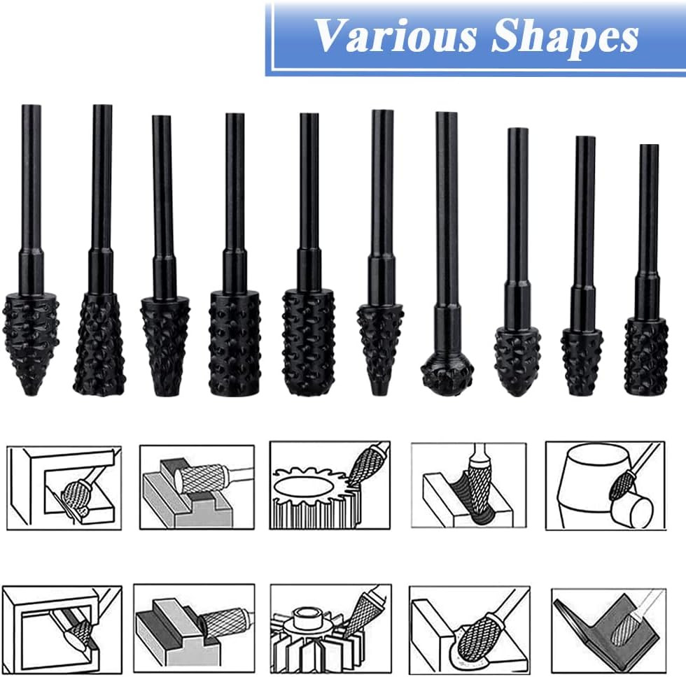 10 Pieces Rotary File Rasp Set, 3Mm round Shank Rotary Burrs Carbon Steel