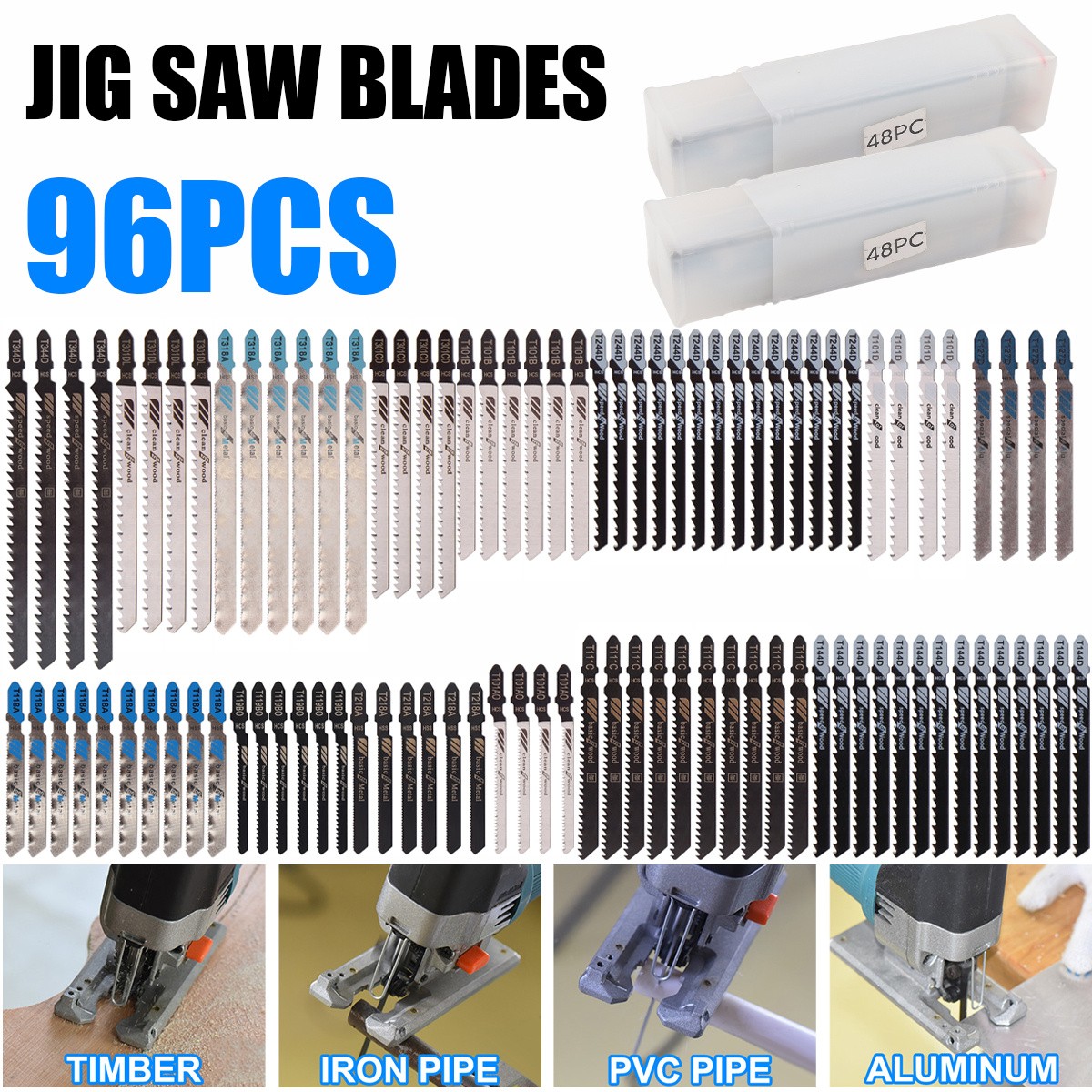 96PC T-shank Assorted Jig Saw Blades Set Wood Plastic Metal Cutting Jigsaw Blade