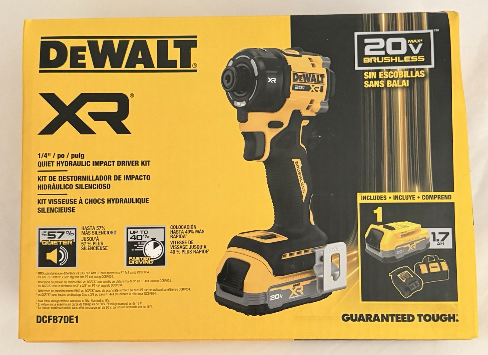 Dewalt QUIET hydraulic Impact Driver Kit W/1.7ah Power stack Battery DCF870E1