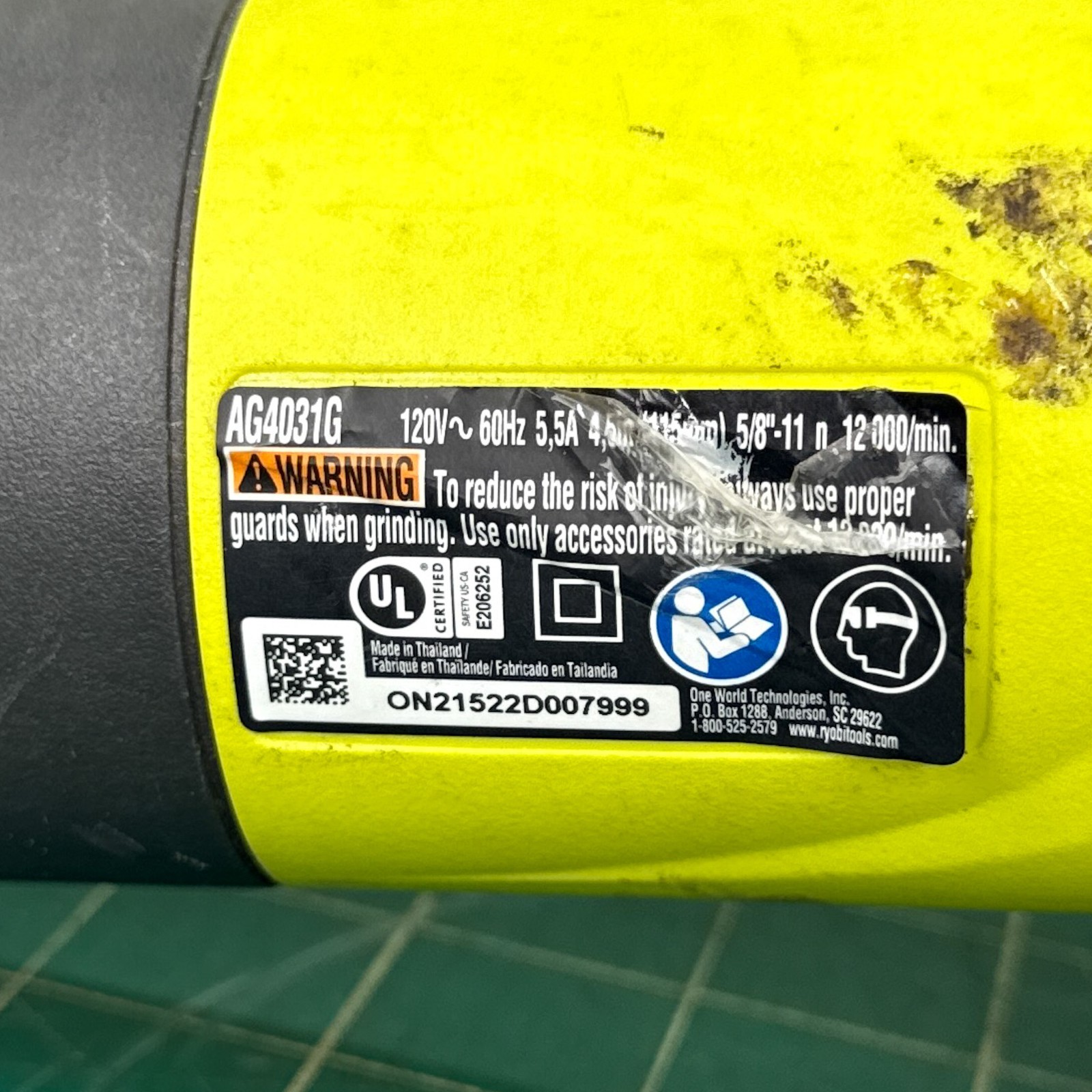 Ryobi AG4031G 4-1/2&Prime; Angle Grinder 120V 5.5 Amp Corded **FOR PARTS/REPAIR ONLY**
