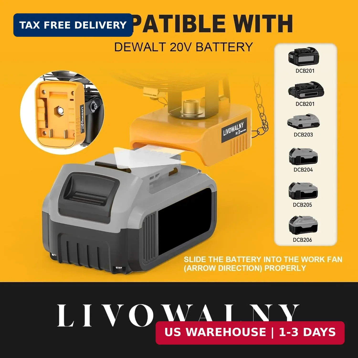 LIVOWALNY Portable Jobsite Fan Compatible with Dewalt 20v Battery (Tool Only) 7&Prime;