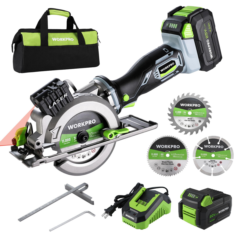 WORKPRO 20V Cordless Mini Circular Saw 3 Blades 4500RPM 4-1/2&Prime; Compact 4.0Ah USA