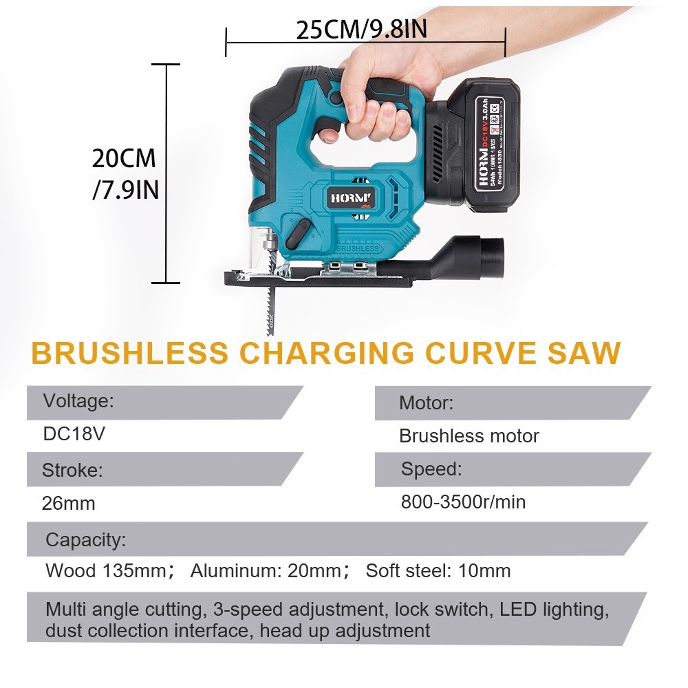 18V Cordless Jig Saw 3-Speed Variable Brushless Power Saw + 2 Batteries for Wood