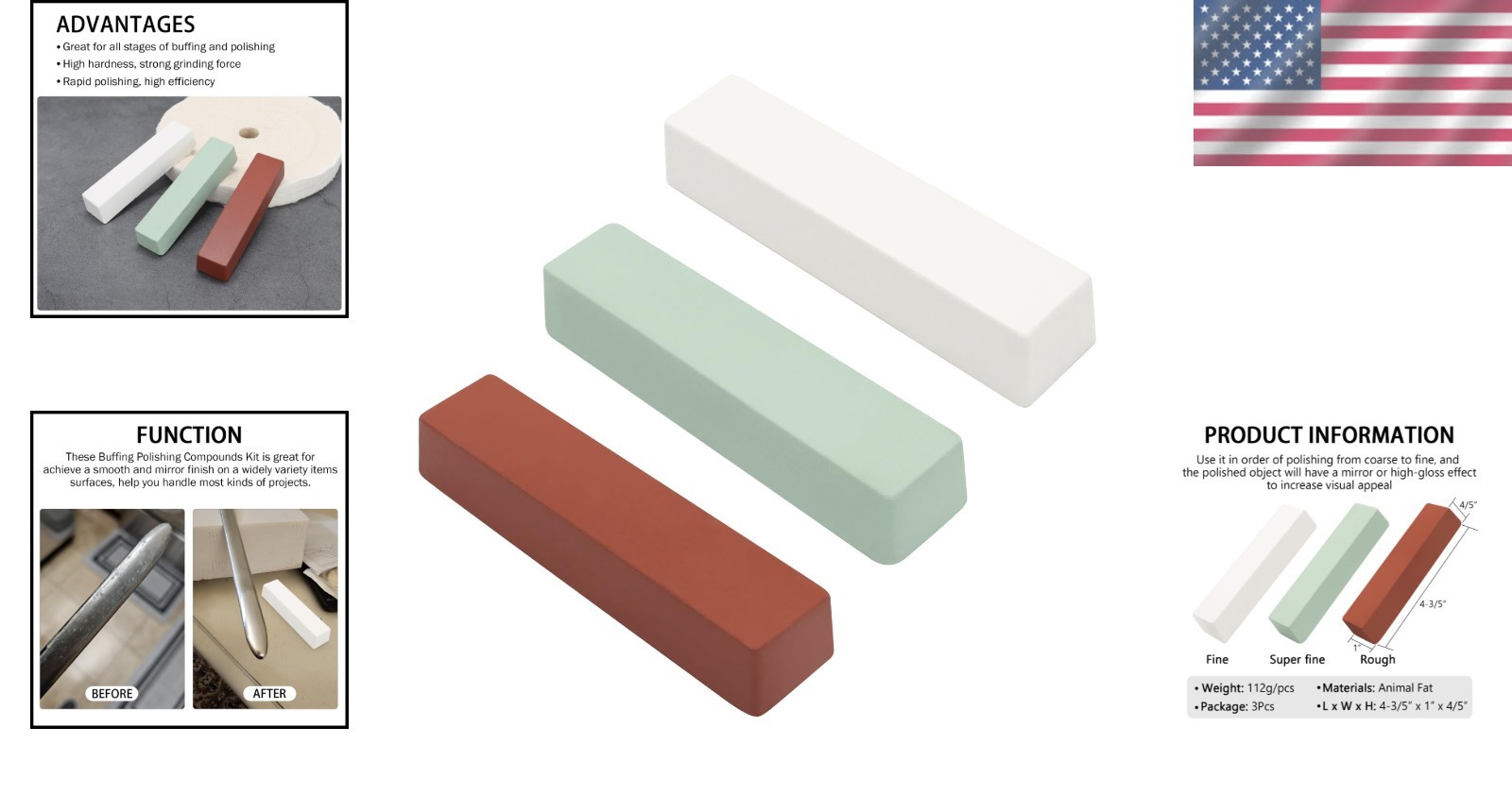 3 Pack Buffing Compounds – Red Coarse, White Medium, Green Fine for All Surfaces