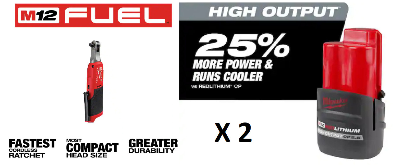 New Milwaukee M12 FUEL 3/8&Prime; High Speed Ratchet 2567-20 & 2X CP2.5 Battery Kit