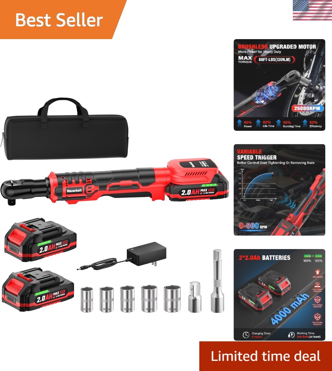 3/8&Prime; Cordless Electric Ratchet Wrench Set, 88 Ft-lbs120N.m, 500 RPM, 20V | 2P…