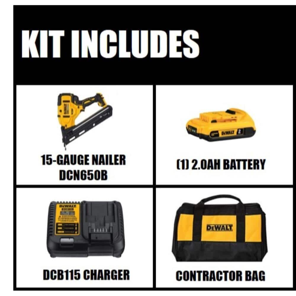 DEWALT 20V MAX Finish Nailer Kit Angled 15GA Battery Charger & Bag (DCN650D1)