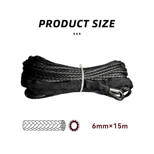1/4 » x 50 Ft Car Synthetic Winch Rope Kit, 10,000LBs Winch Cable Line Black