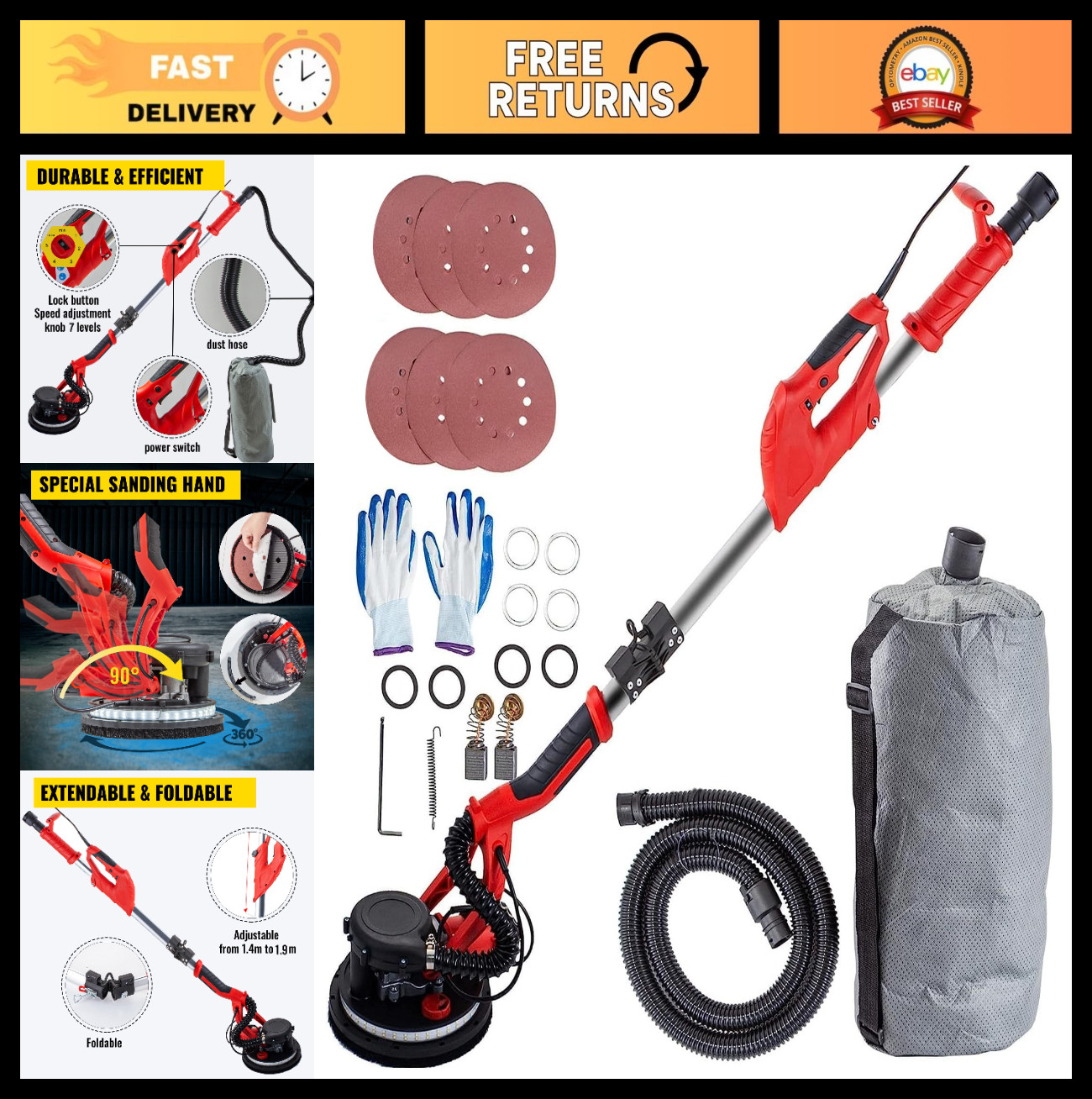 Electric Drywall Sander 850W, Variable Speed 800-1750 RPM, Foldable with LED Lig