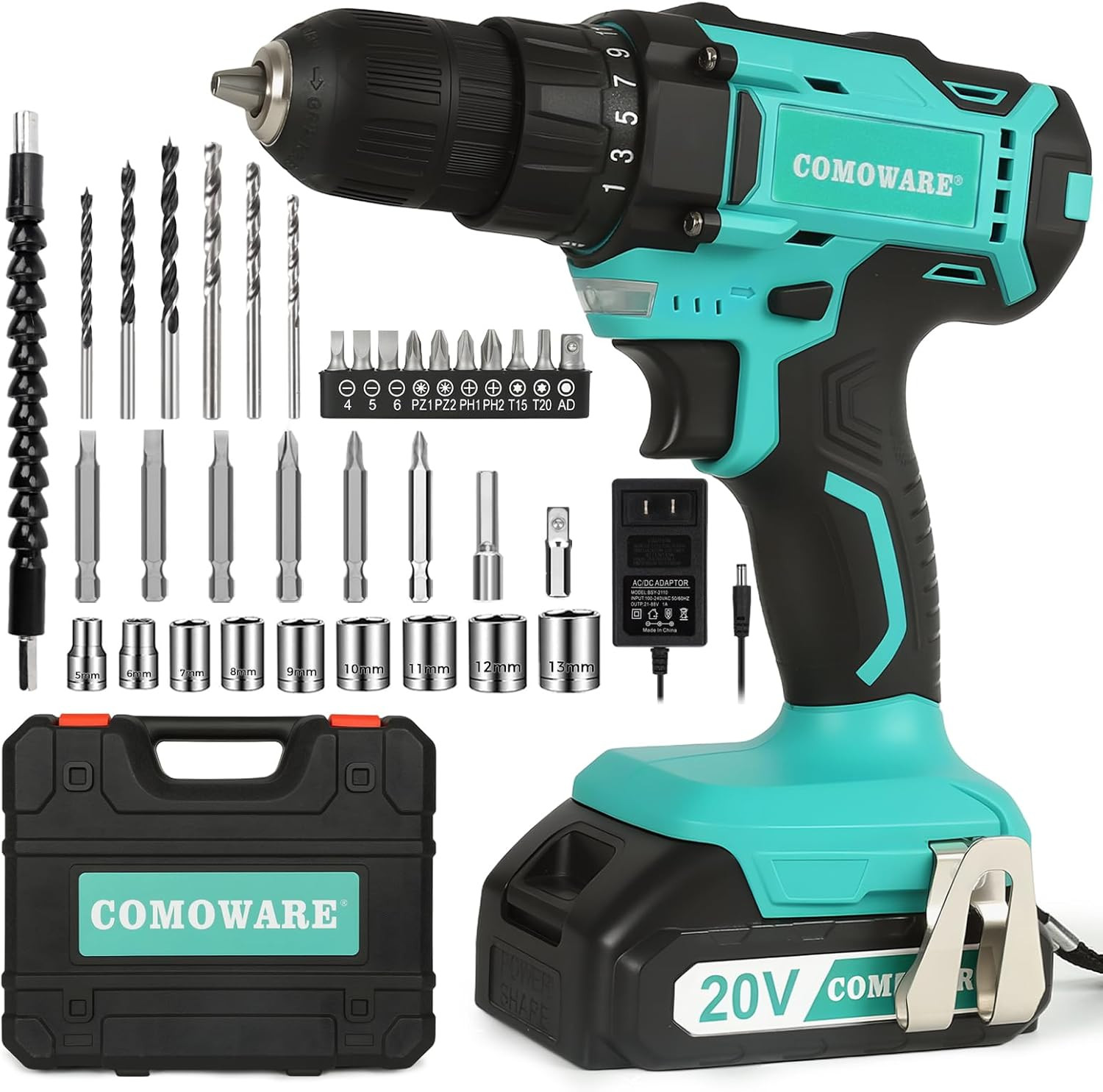 20V Cordless Drill Electric Power Drill Set 34Pcs Drill Driver Bits 266 In-Lb To