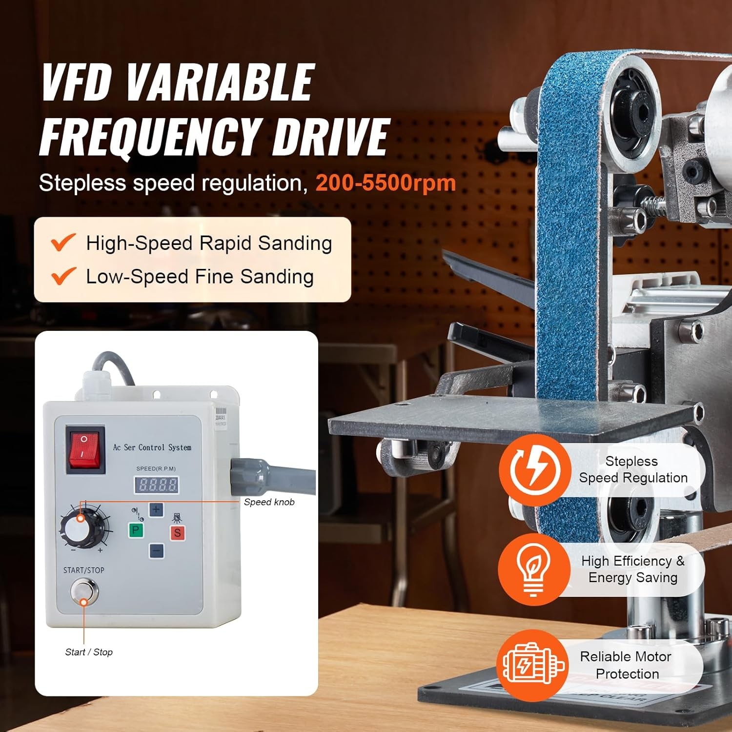 VEVOR 30×1-Inch Variable Speed Belt Grinder Sander Machine Polisher 5500RPM VFD