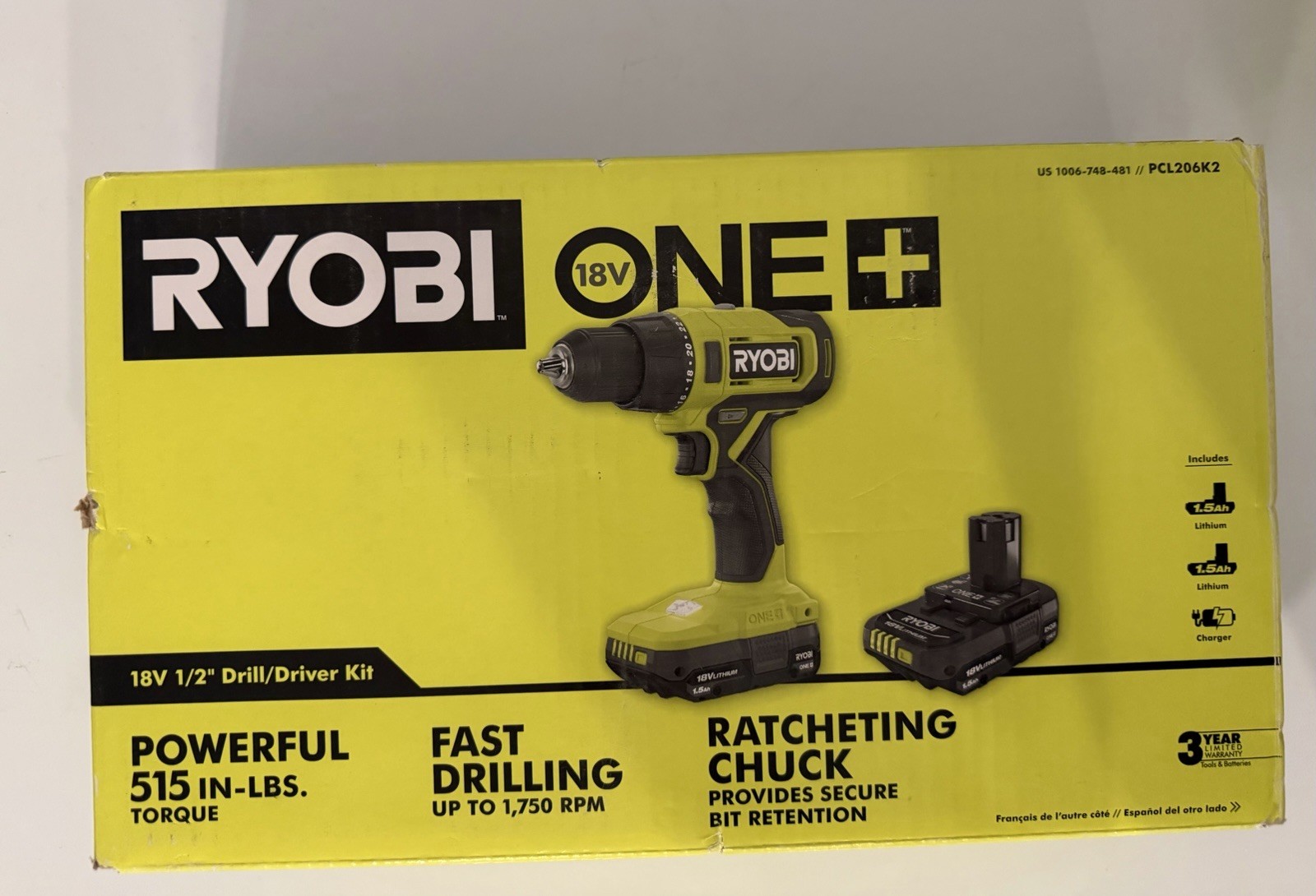 Ryobi ONE+ 18V Cordless 1/2 in. Drill/Driver Kit Compact 2 Batteries and Charge
