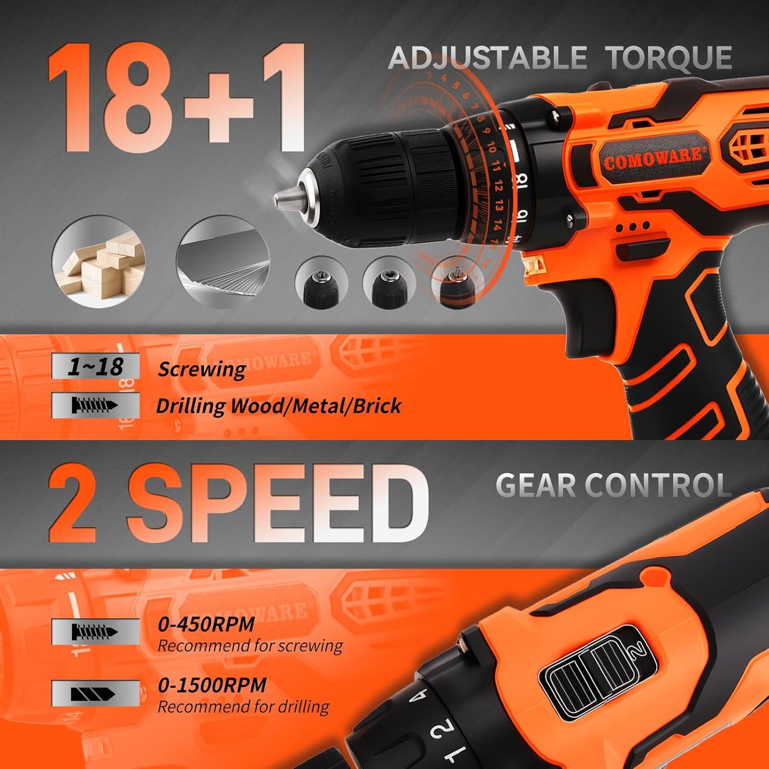 COMOWARE 195PCS Home Tool Kit with 12V Cordless Drill & Storage Case, Orange