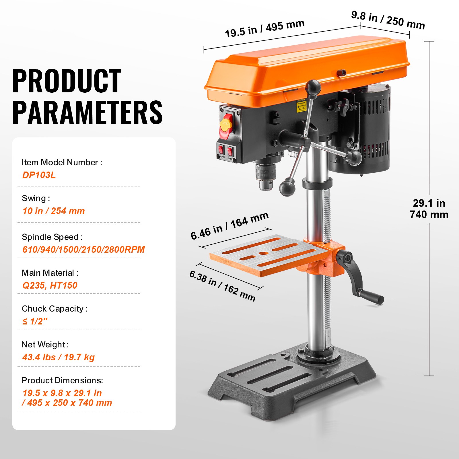 VEVOR 10in Benchtop Drill Press Tabletop Drilling Machine 610-2800RPM Adjustable