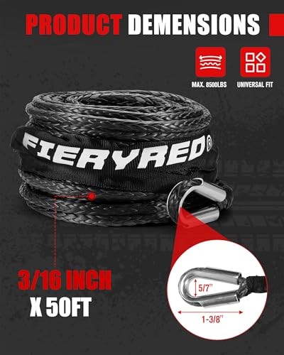 3/16” Winch Rope Cable,50 FT 8500 LBS ATV/UTV 3/16&Prime; x 50FT w/o Hook Black