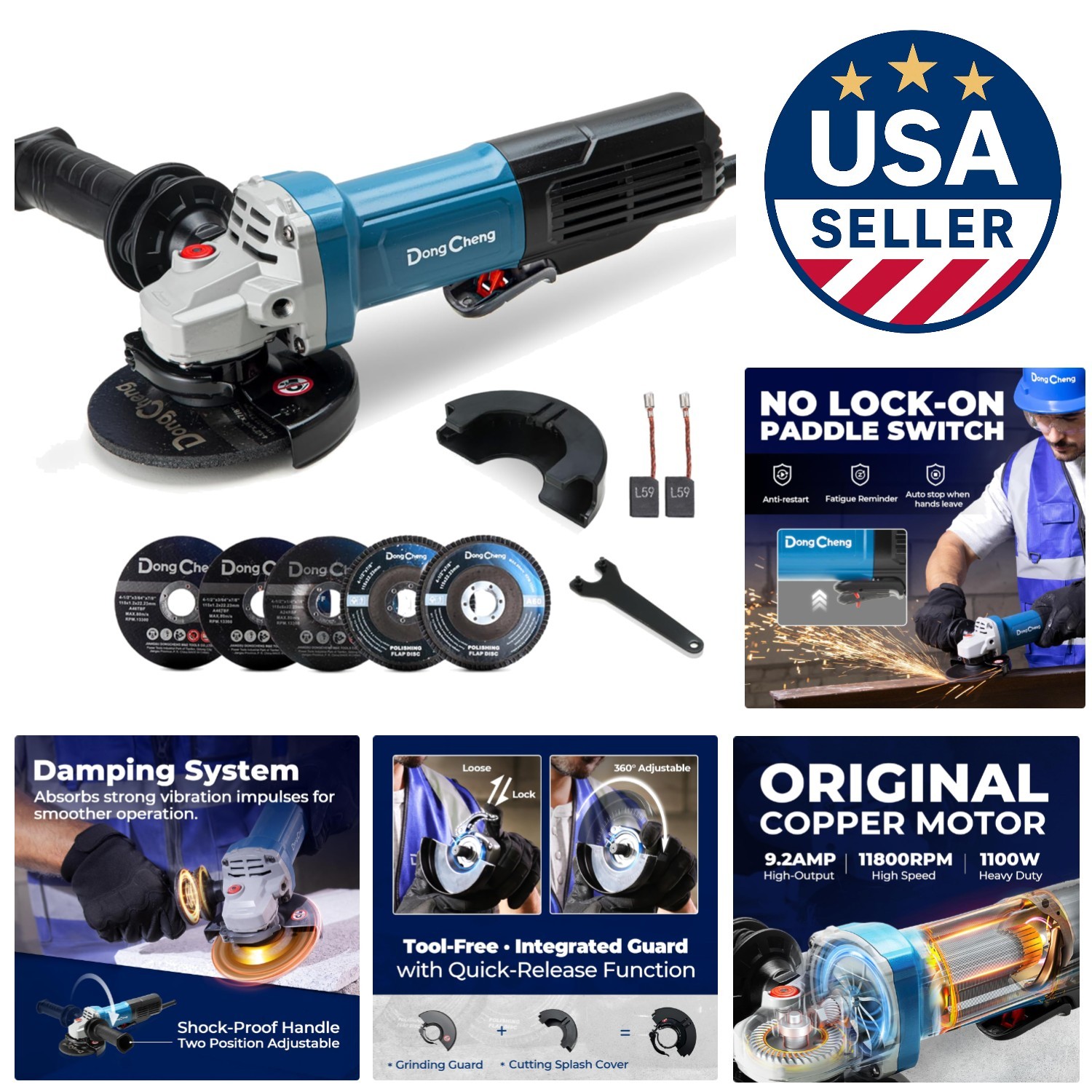 High-Speed 9.2 Amp Angle Grinder with Tool-Free Guard & Protective Paddle Switch