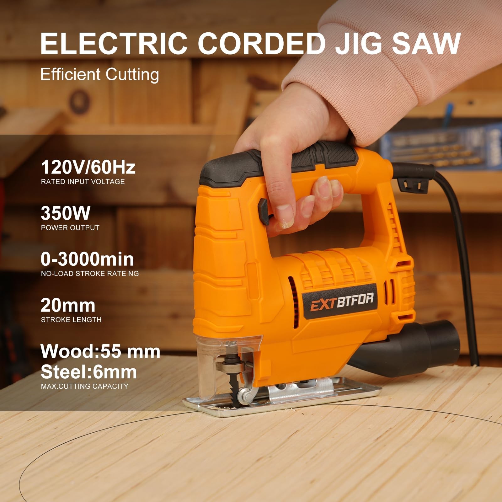 Extbtfor Jig Saw 350W 45° Bevel Cutting 0-3000RPM Wood Cutter Hand Saw