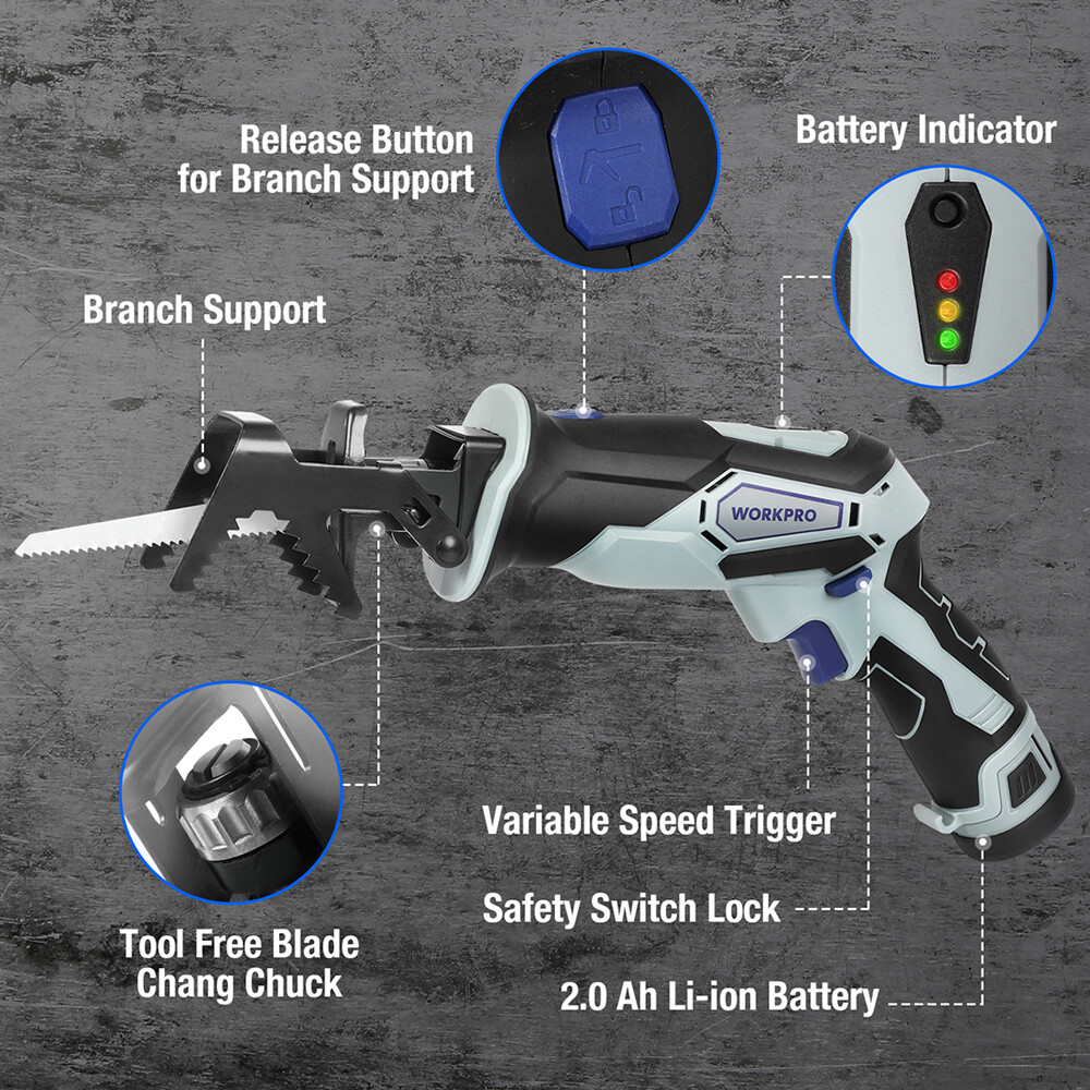 12V Cordless Reciprocating Saw 2.0Ah Li-Ion Battery Fast Charger 3 Saw Blade USA