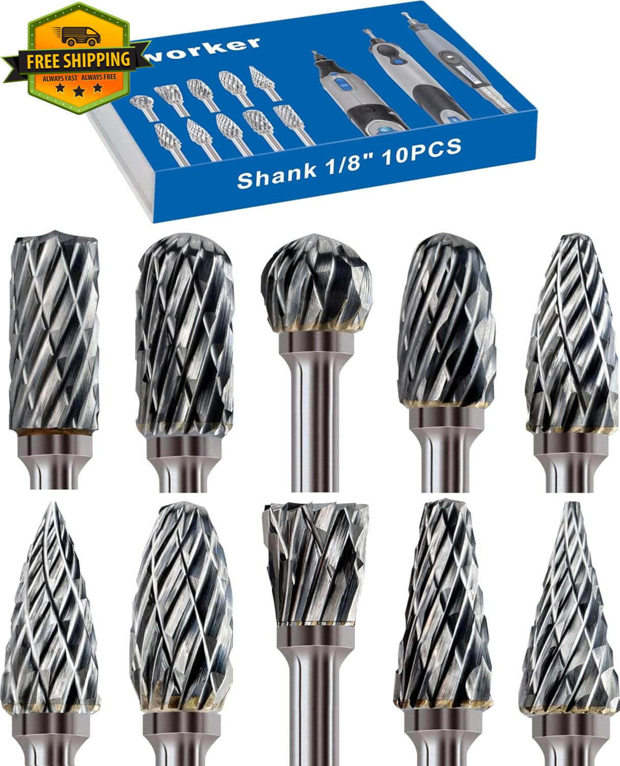 10Pcs Carbide Burr Set 1/8in Shank for Dremel Milwaukee Rotary Tool Bits